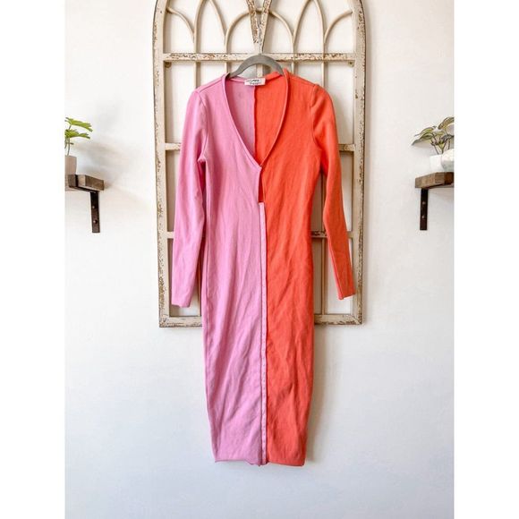 Atoir Pink Orange Colorblocked Saturn Dress Cocktail Long Sleeve Midi Bodycon - Picture 5 of 11